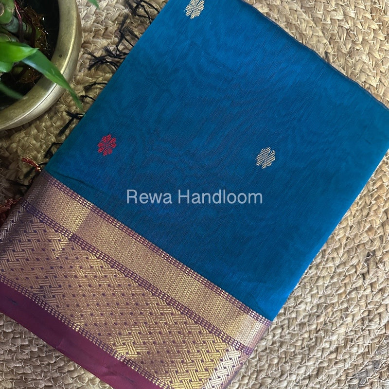 Dark Sky Blue Zari Butti Maheshwari Saree JBS058