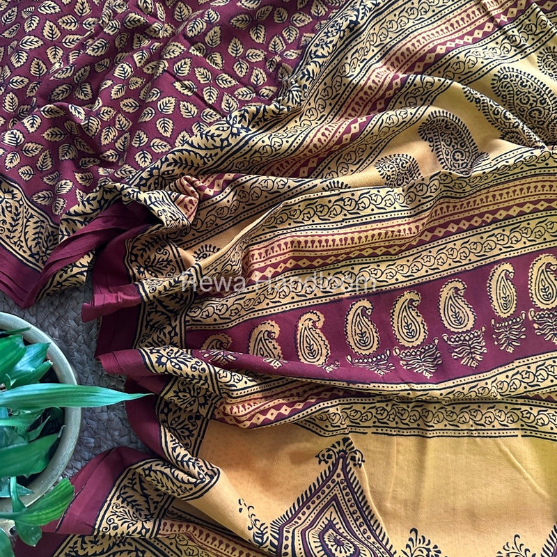 Dark Maroon Bagh Print Cotton Saree NCBP19