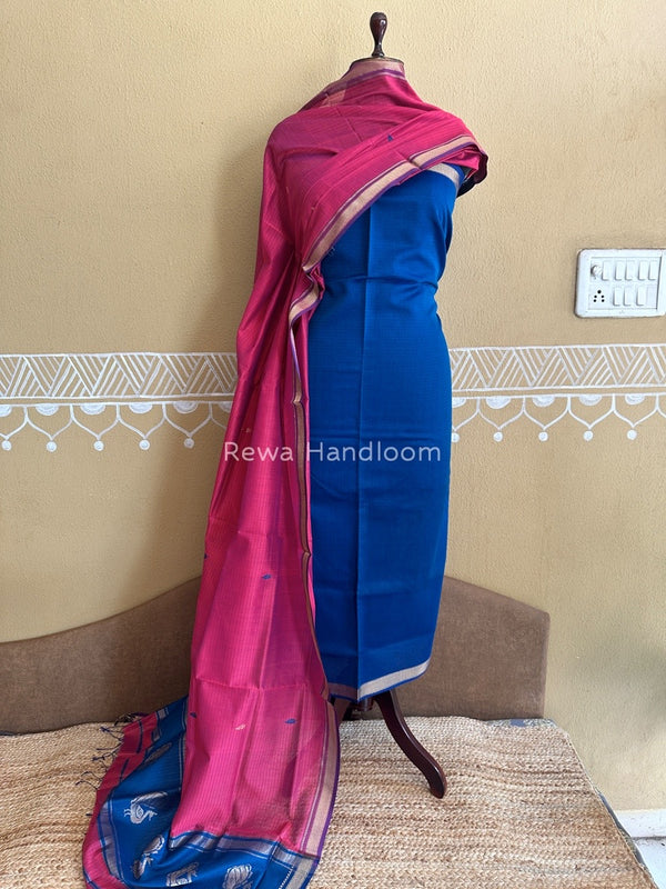 Maheshwari Teal Blue-Fuchsia pink Motifs Top-Dupatta Set PST0126
