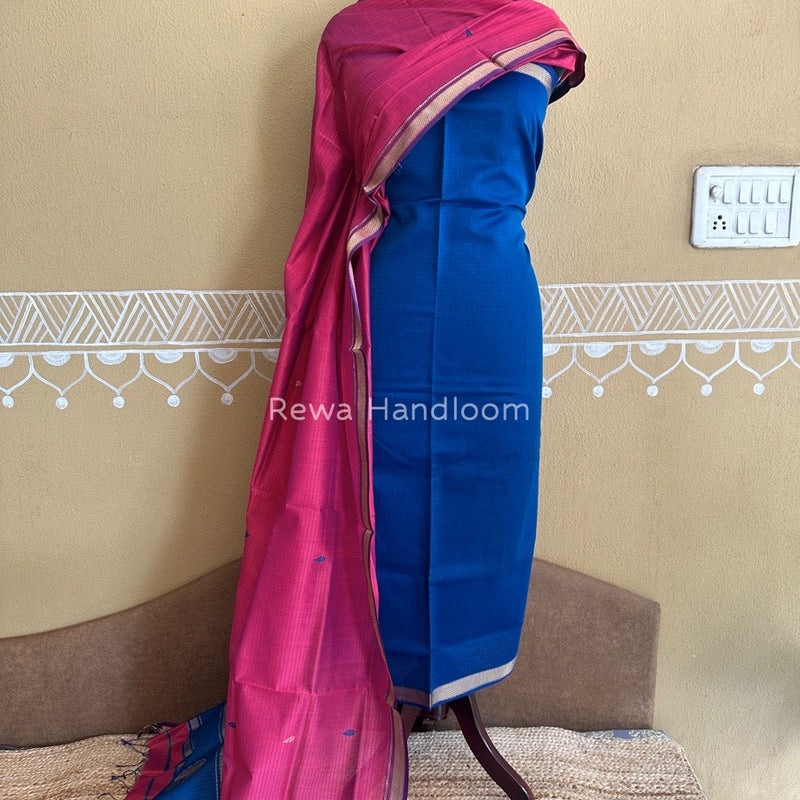 Maheshwari Teal Blue-Fuchsia pink Motifs Top-Dupatta Set PST0126
