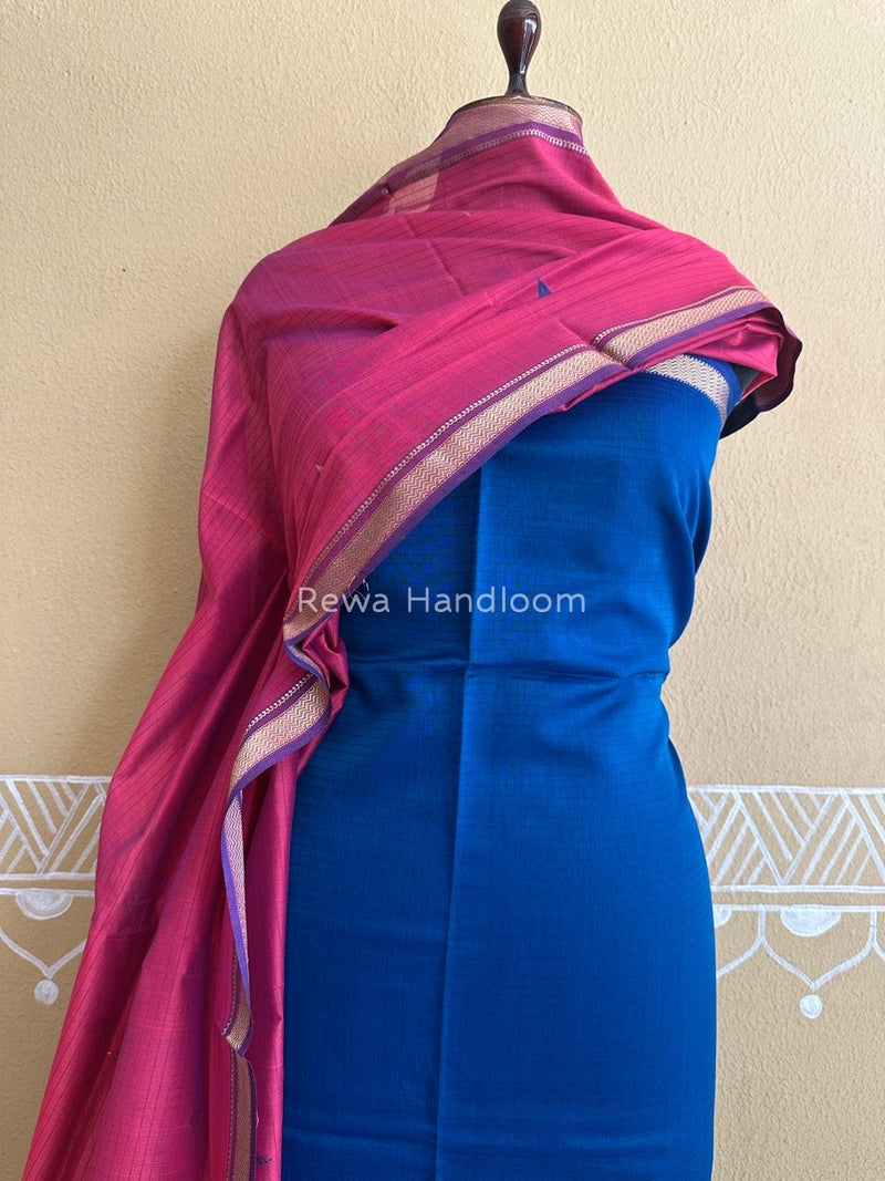 Maheshwari Teal Blue-Fuchsia pink Motifs Top-Dupatta Set PST0126