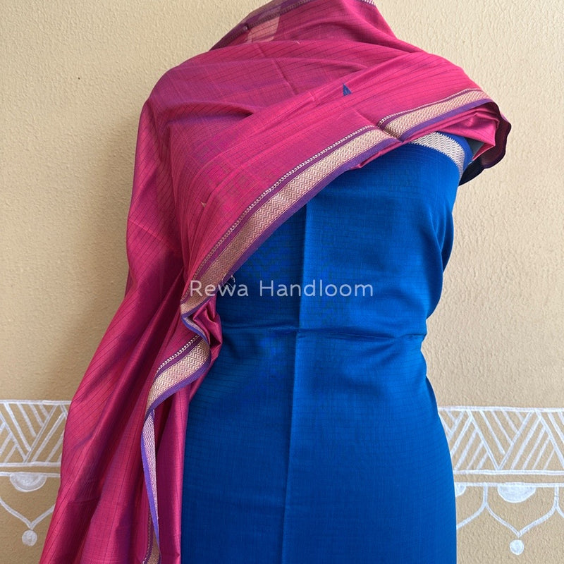 Maheshwari Teal Blue-Fuchsia pink Motifs Top-Dupatta Set PST0126