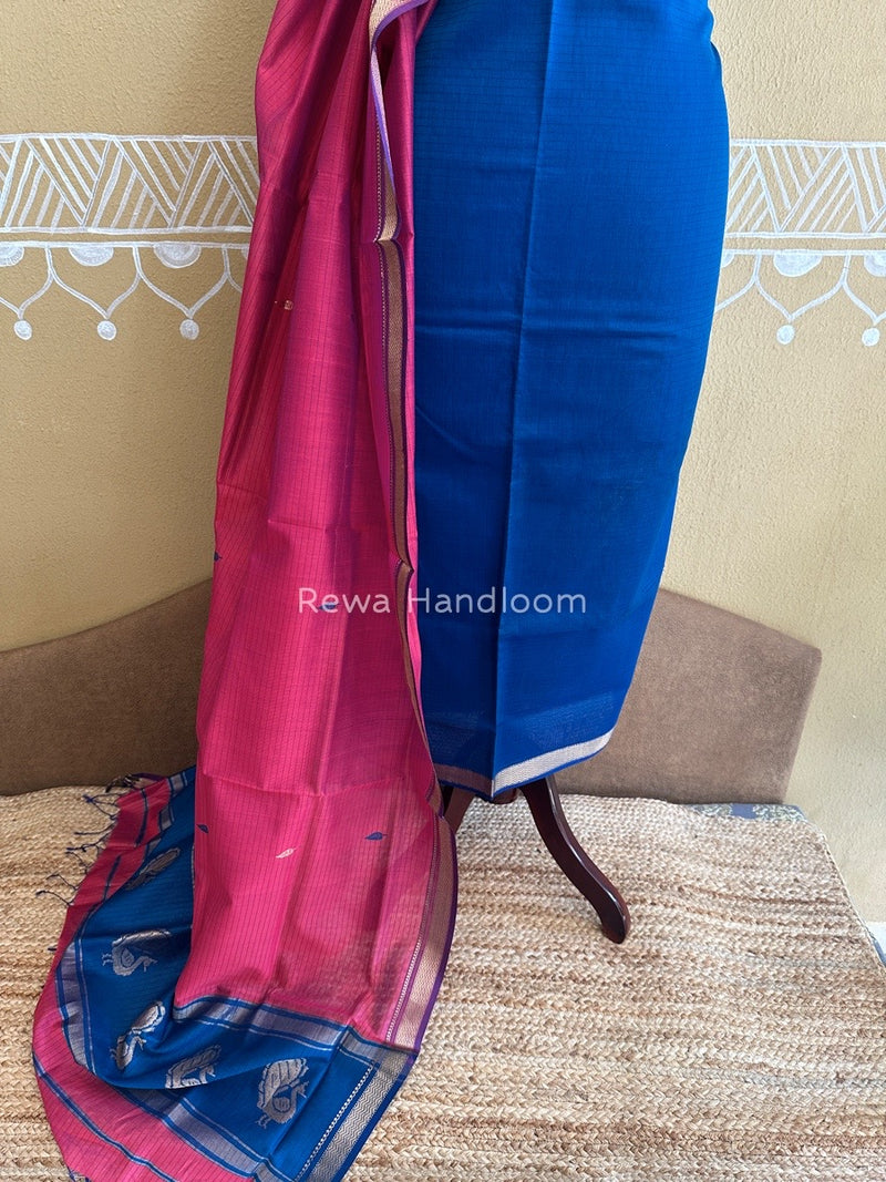 Maheshwari Teal Blue-Fuchsia pink Motifs Top-Dupatta Set PST0126