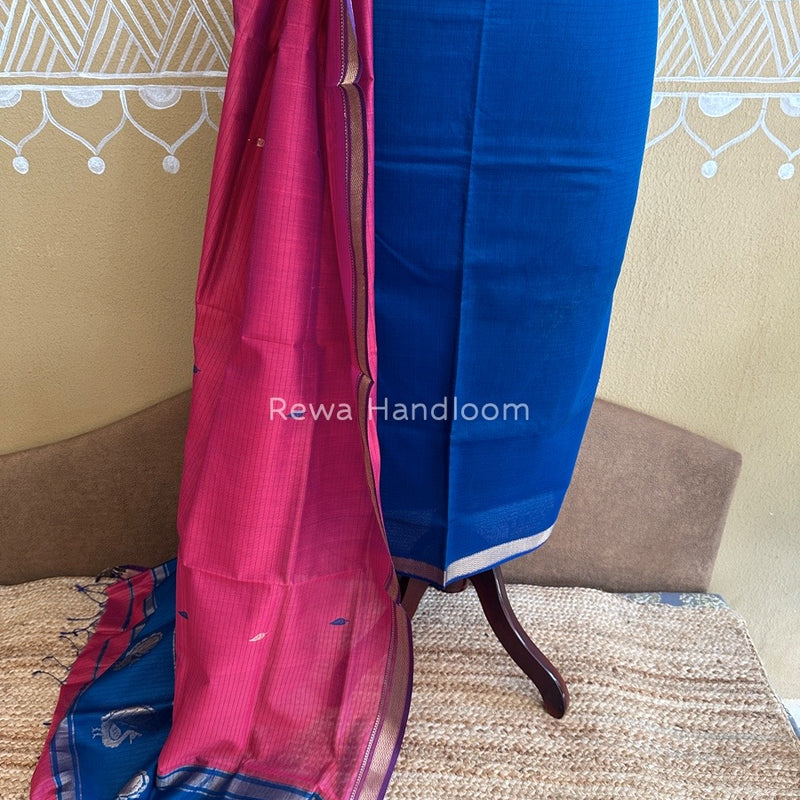 Maheshwari Teal Blue-Fuchsia pink Motifs Top-Dupatta Set PST0126