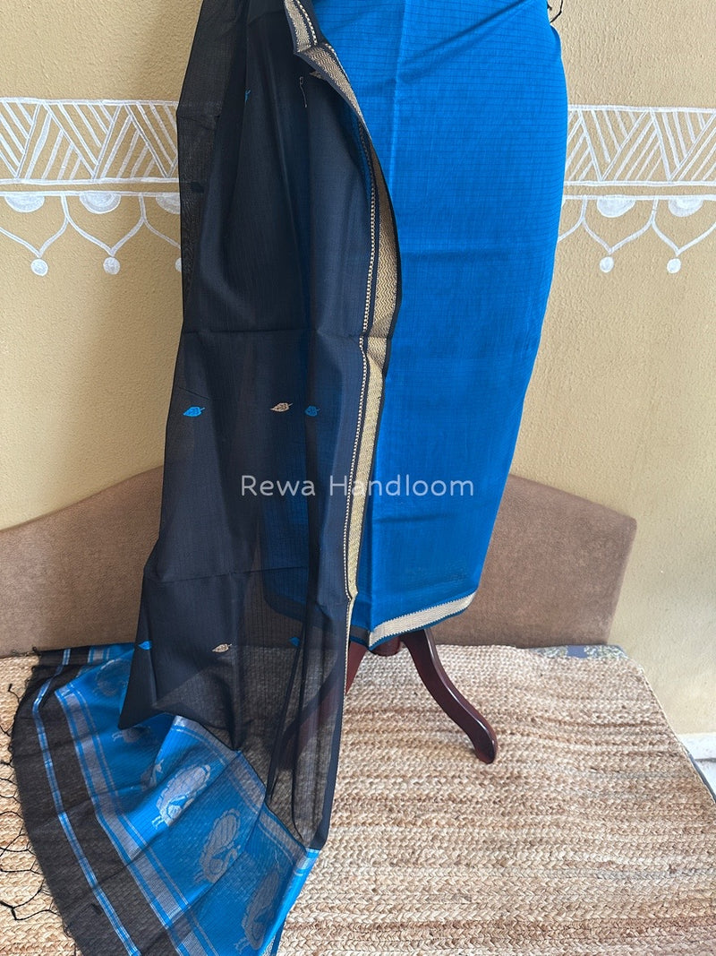 Maheshwari Dark Blue-Black Motifs Top-Dupatta Set PST0124