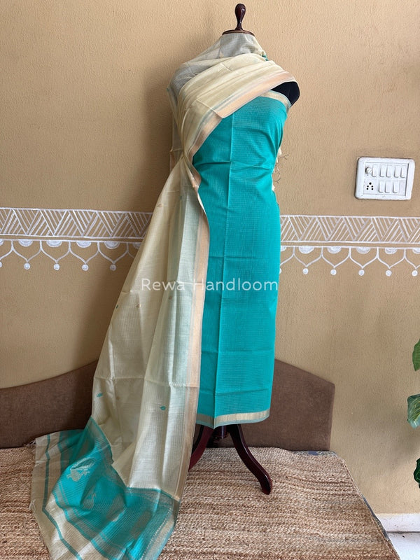 Maheshwari Sea Green-Cream Motifs Top-Dupatta Set PST0123