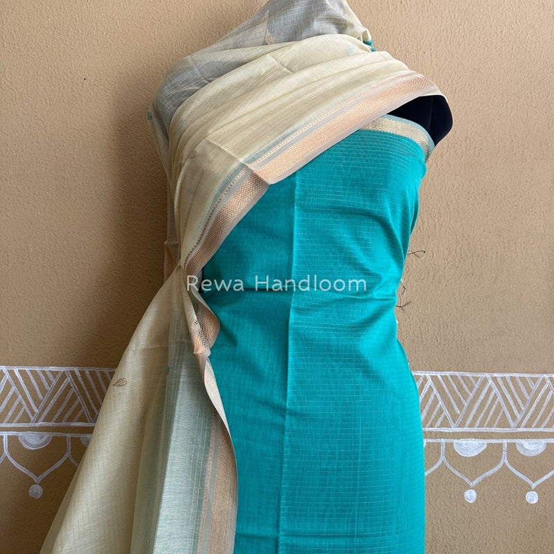 Maheshwari Sea Green-Cream Motifs Top-Dupatta Set PST0123