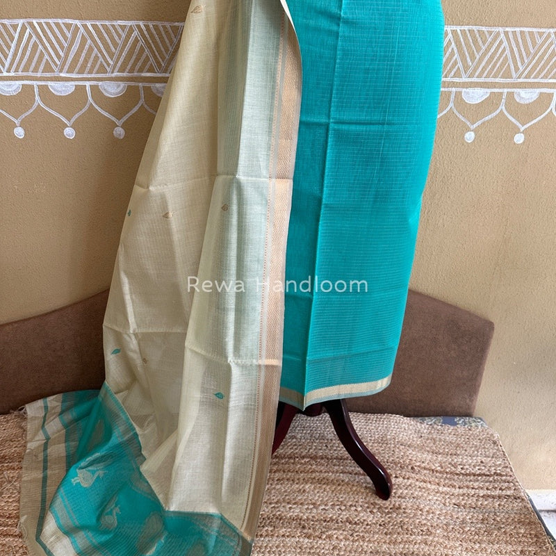 Maheshwari Sea Green-Cream Motifs Top-Dupatta Set PST0123