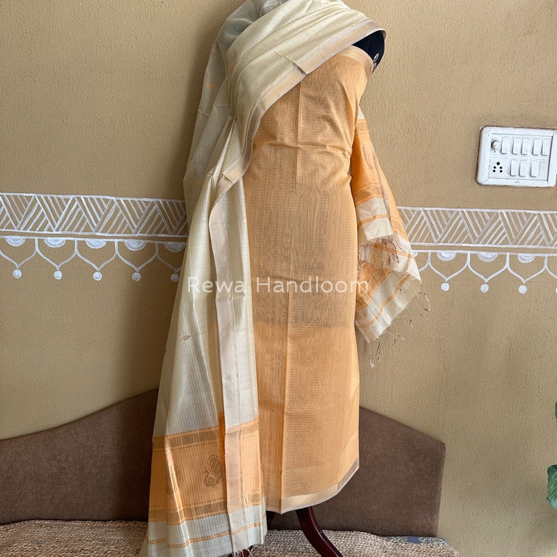 Maheshwari Light Peach-Beige Motifs Top-Dupatta Set PST0122