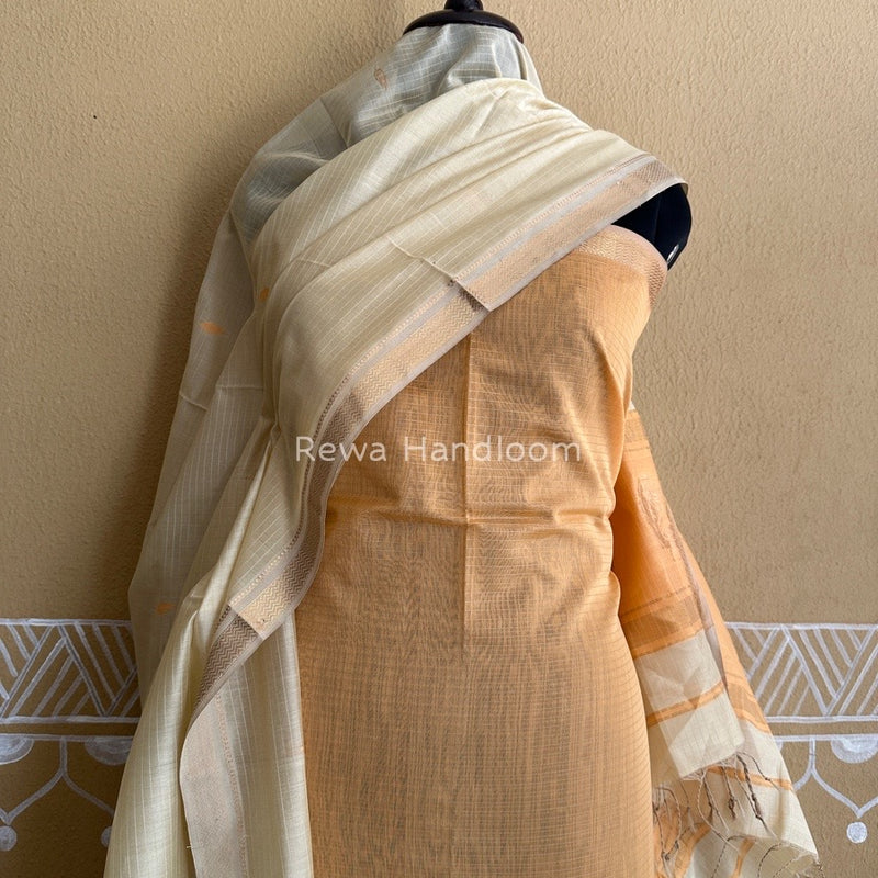 Maheshwari Light Peach-Beige Motifs Top-Dupatta Set PST0122