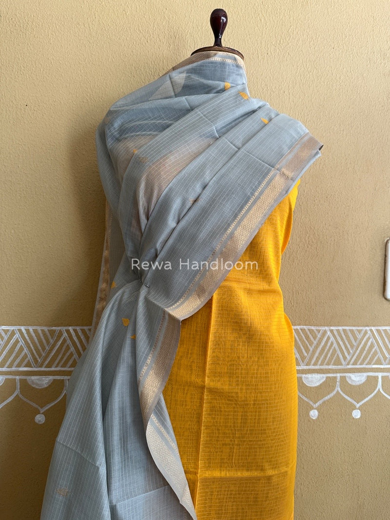 Maheshwari Yellow-Grey Motifs Top-Dupatta Set PST0127