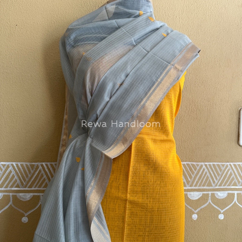 Maheshwari Yellow-Grey Motifs Top-Dupatta Set PST0127