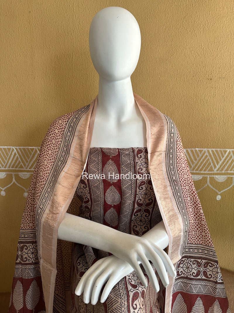 Maheshwari Maroon-white Bagh Print Tissue Top-Dupatta Set BPTS028