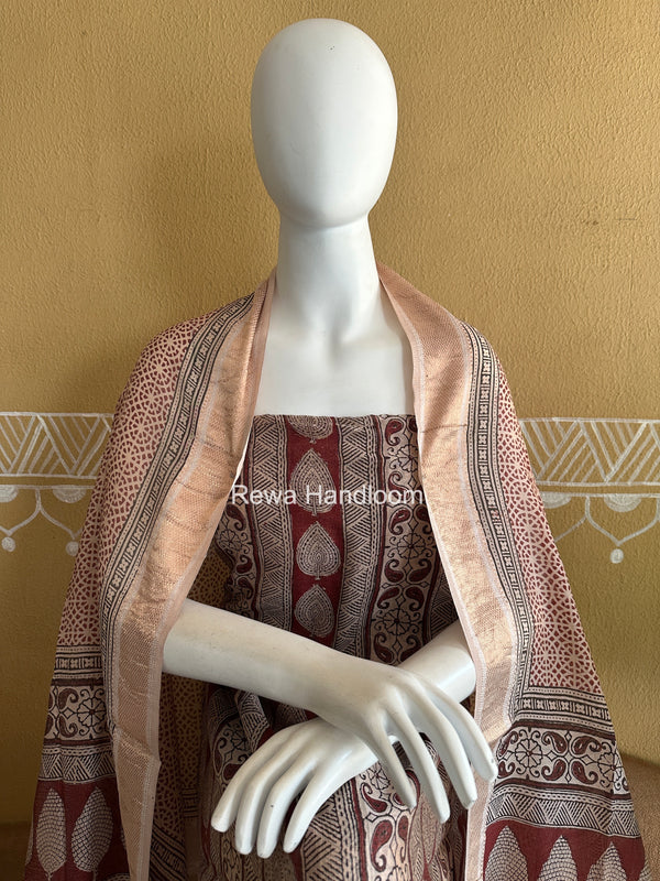 Maheshwari Maroon-white Bagh Print Tissue Top-Dupatta Set BPTS028