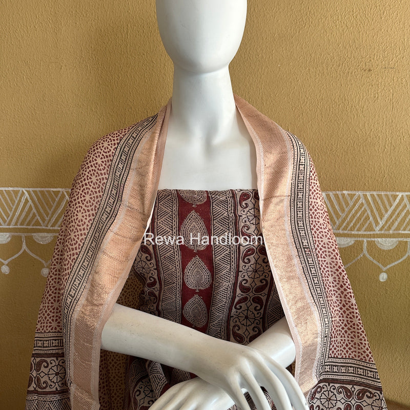 Maheshwari Maroon-white Bagh Print Tissue Top-Dupatta Set BPTS028