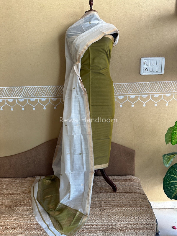 Maheshwari Green-White Motifs Top-Dupatta Set PST0130
