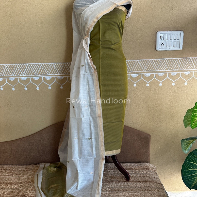 Maheshwari Green-White Motifs Top-Dupatta Set PST0130