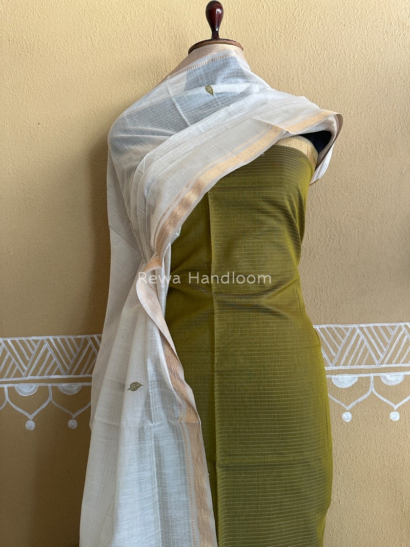 Maheshwari Green-White Motifs Top-Dupatta Set PST0130