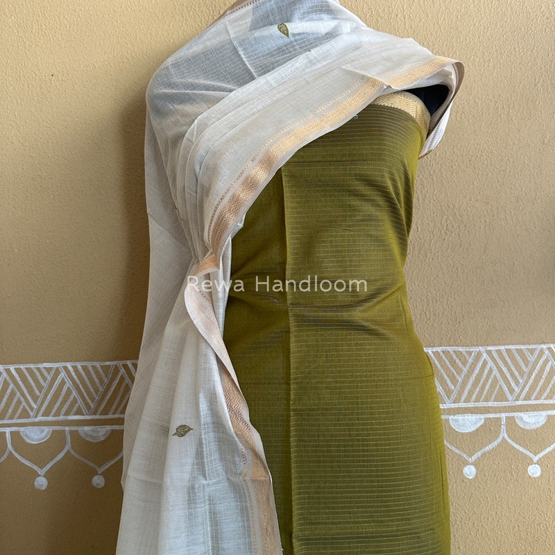 Maheshwari Green-White Motifs Top-Dupatta Set PST0130