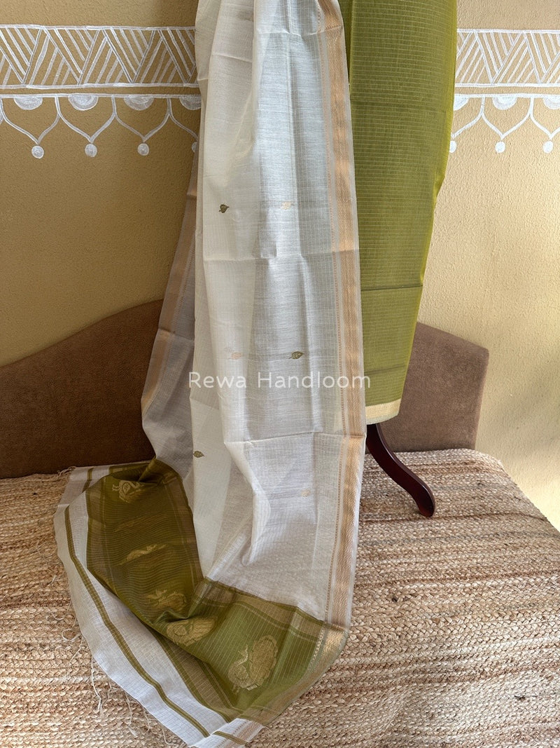 Maheshwari Green-White Motifs Top-Dupatta Set PST0130