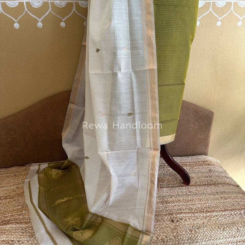 Maheshwari Green-White Motifs Top-Dupatta Set PST0130