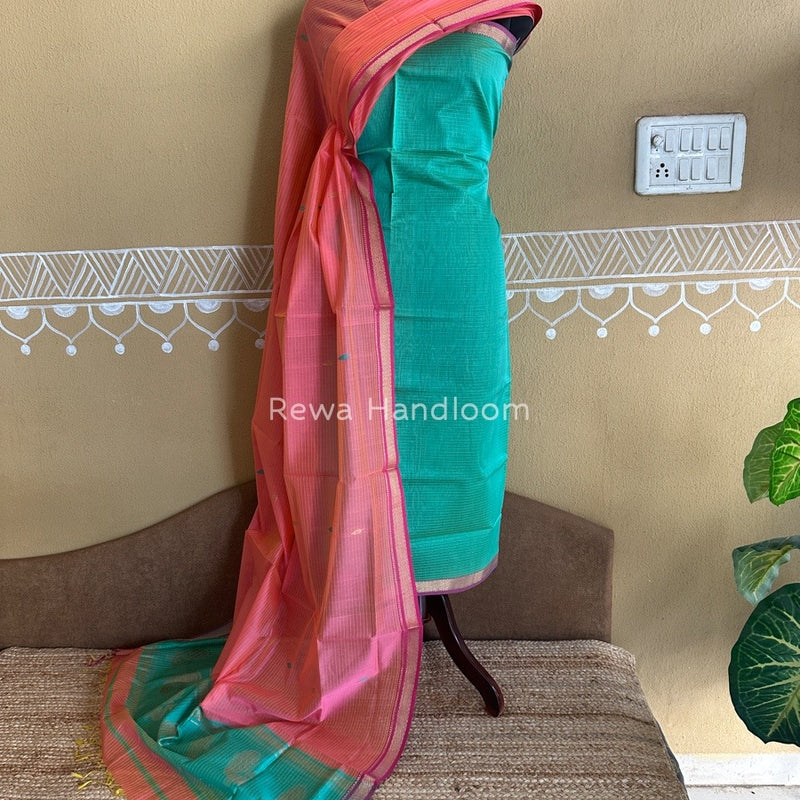 Maheshwari Sea Green-Fuchsia Pink Motifs Top-Dupatta Set PST0131