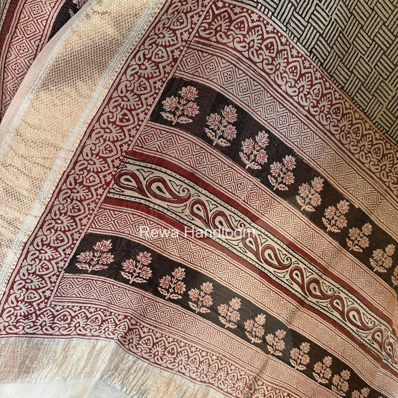 Maheshwari Black-white Bagh Print Tissue Top-Dupatta Set BPTS023