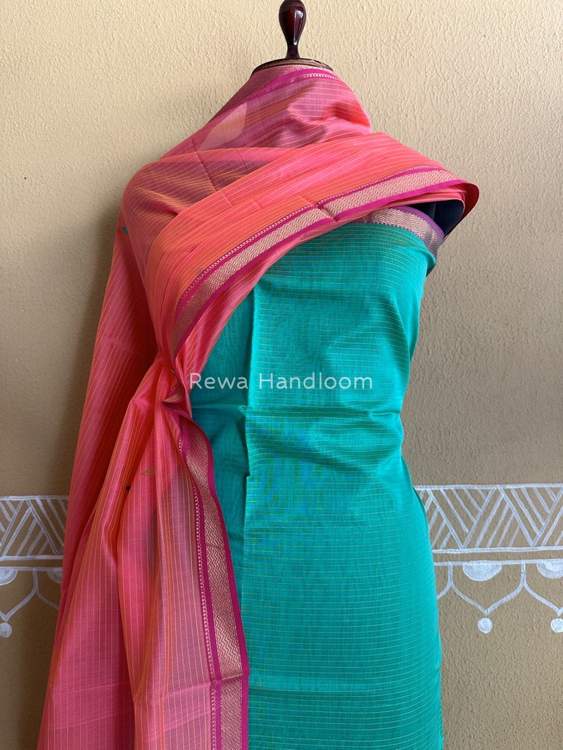 Maheshwari Sea Green-Fuchsia Pink Motifs Top-Dupatta Set PST0131