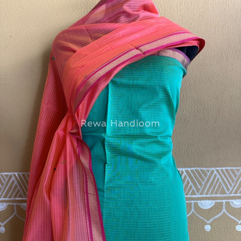 Maheshwari Sea Green-Fuchsia Pink Motifs Top-Dupatta Set PST0131