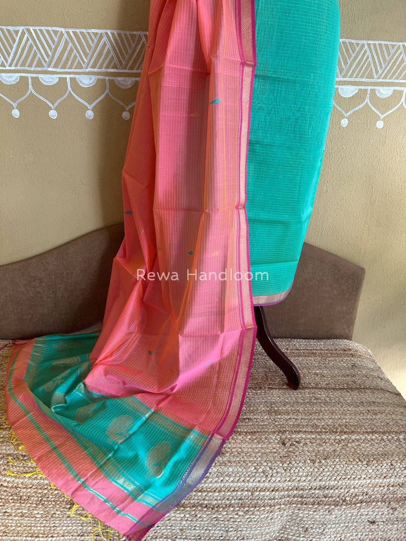 Maheshwari Sea Green-Fuchsia Pink Motifs Top-Dupatta Set PST0131