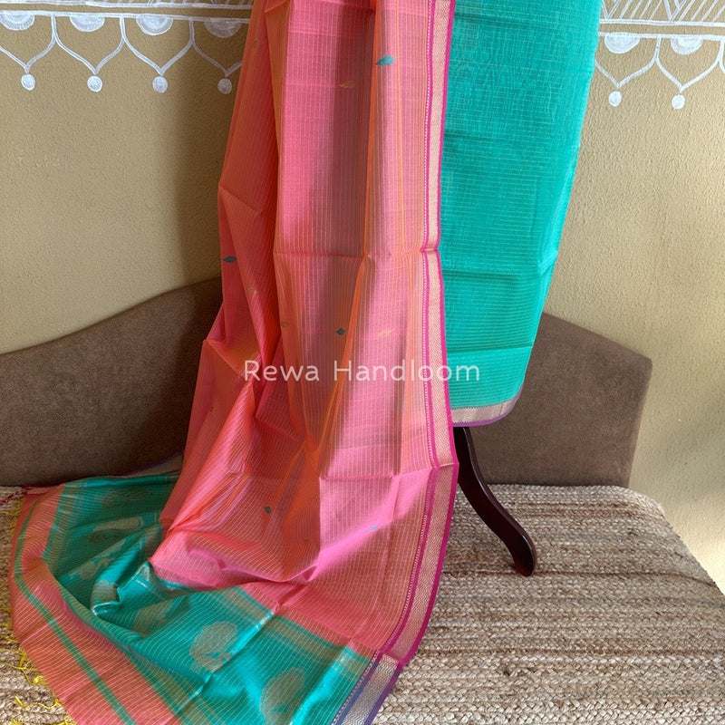 Maheshwari Sea Green-Fuchsia Pink Motifs Top-Dupatta Set PST0131