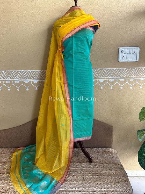 Maheshwari Sea Green-Mango Yellow Motifs Top-Dupatta Set PST0128