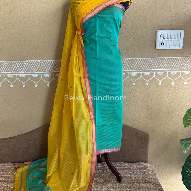 Maheshwari Sea Green-Mango Yellow Motifs Top-Dupatta Set PST0128