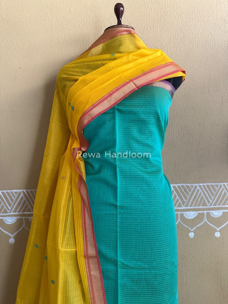 Maheshwari Sea Green-Mango Yellow Motifs Top-Dupatta Set PST0128