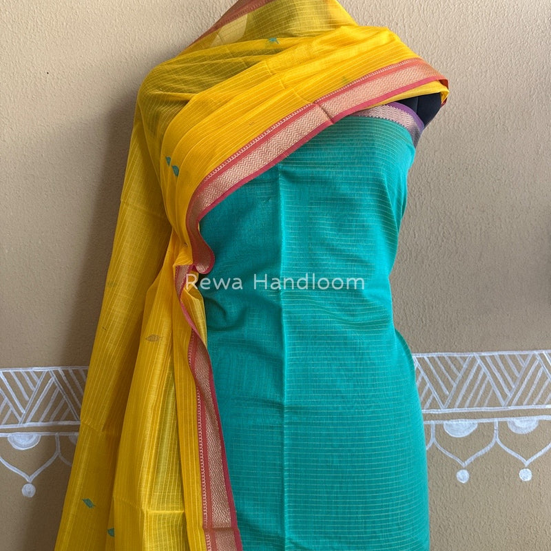 Maheshwari Sea Green-Mango Yellow Motifs Top-Dupatta Set PST0128