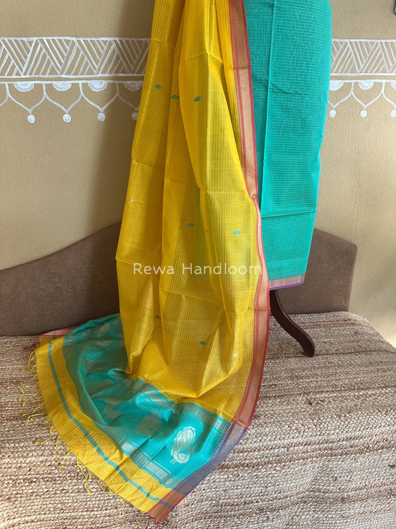Maheshwari Sea Green-Mango Yellow Motifs Top-Dupatta Set PST0128