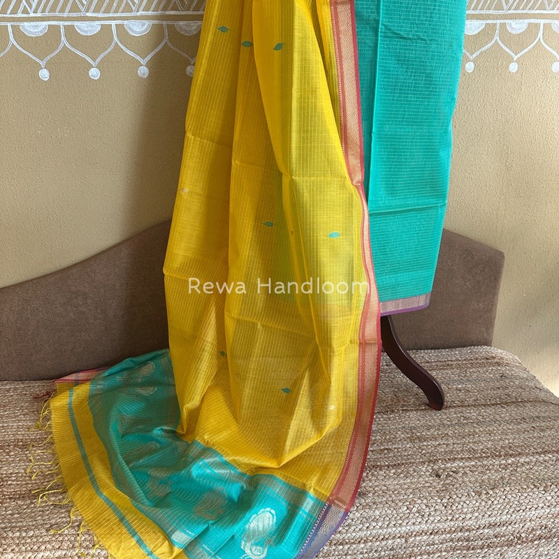 Maheshwari Sea Green-Mango Yellow Motifs Top-Dupatta Set PST0128