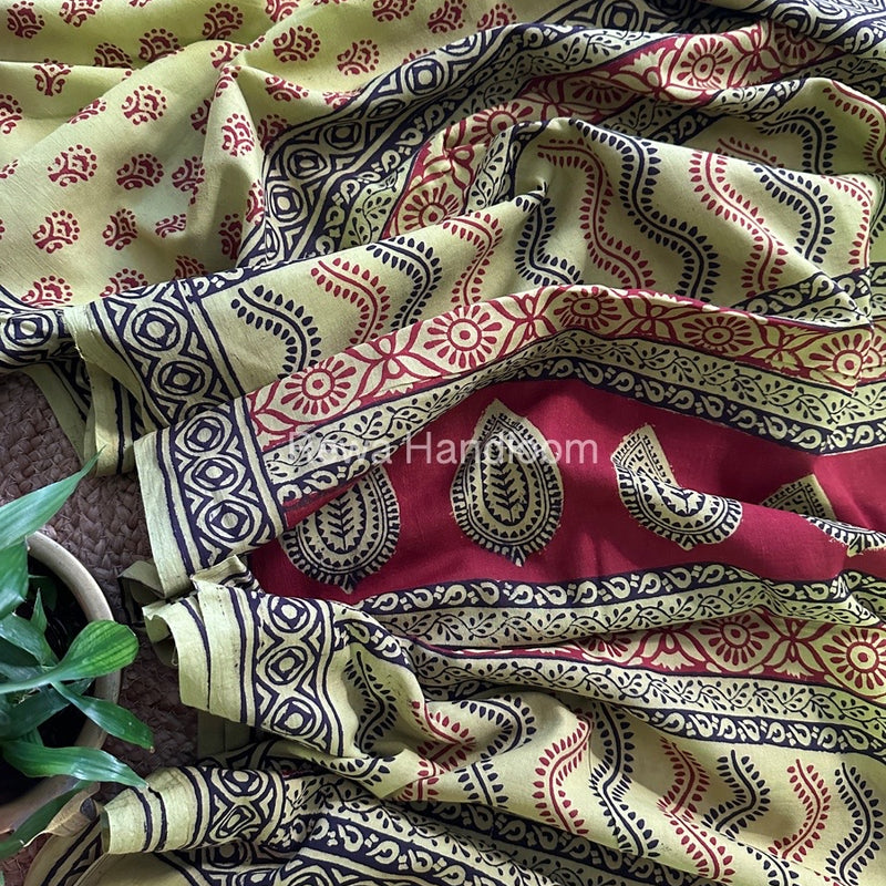 Parrot Green Bagh Print Cotton Saree NCBP102