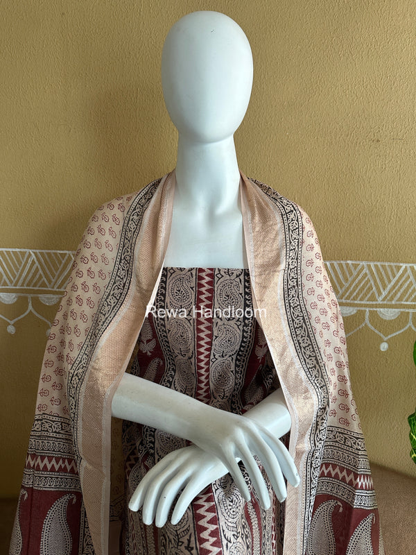 Maheshwari Maroon-white Bagh Print Tissue Top-Dupatta Set BPTS021