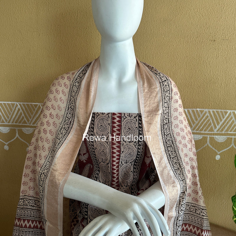Maheshwari Maroon-white Bagh Print Tissue Top-Dupatta Set BPTS021