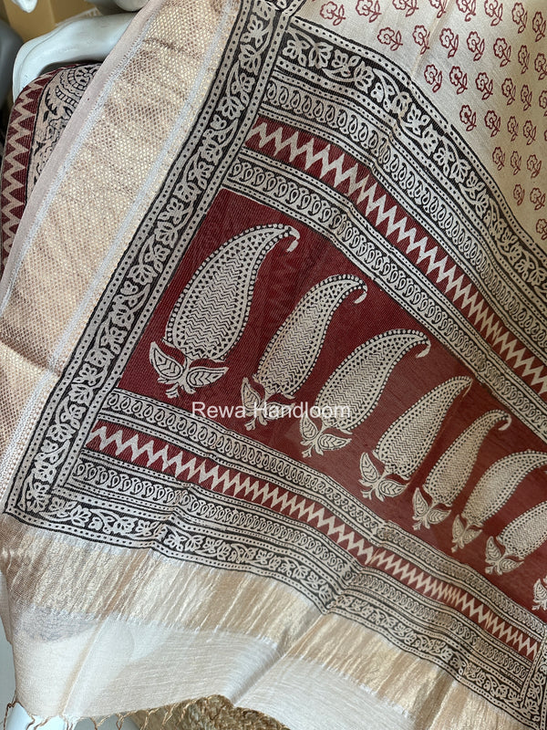 Maheshwari Maroon-white Bagh Print Tissue Top-Dupatta Set BPTS021