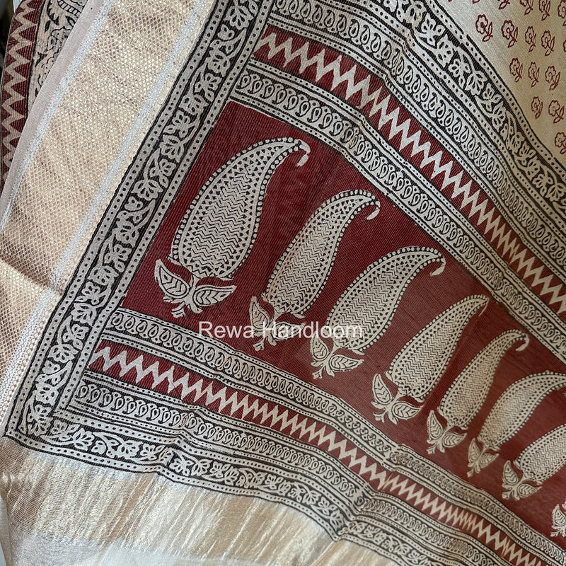 Maheshwari Maroon-white Bagh Print Tissue Top-Dupatta Set BPTS021