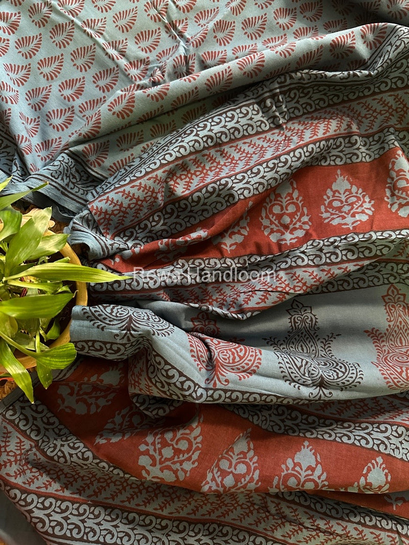 Sea Blue Bagh Print Cotton Saree NCBP44