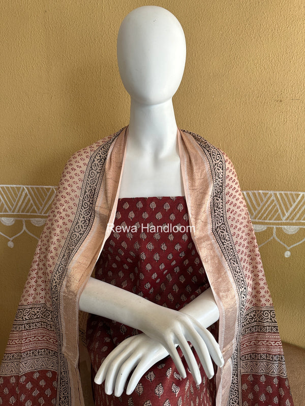 Maheshwari Maroon-white Bagh Print Tissue Top-Dupatta Set BPTS020