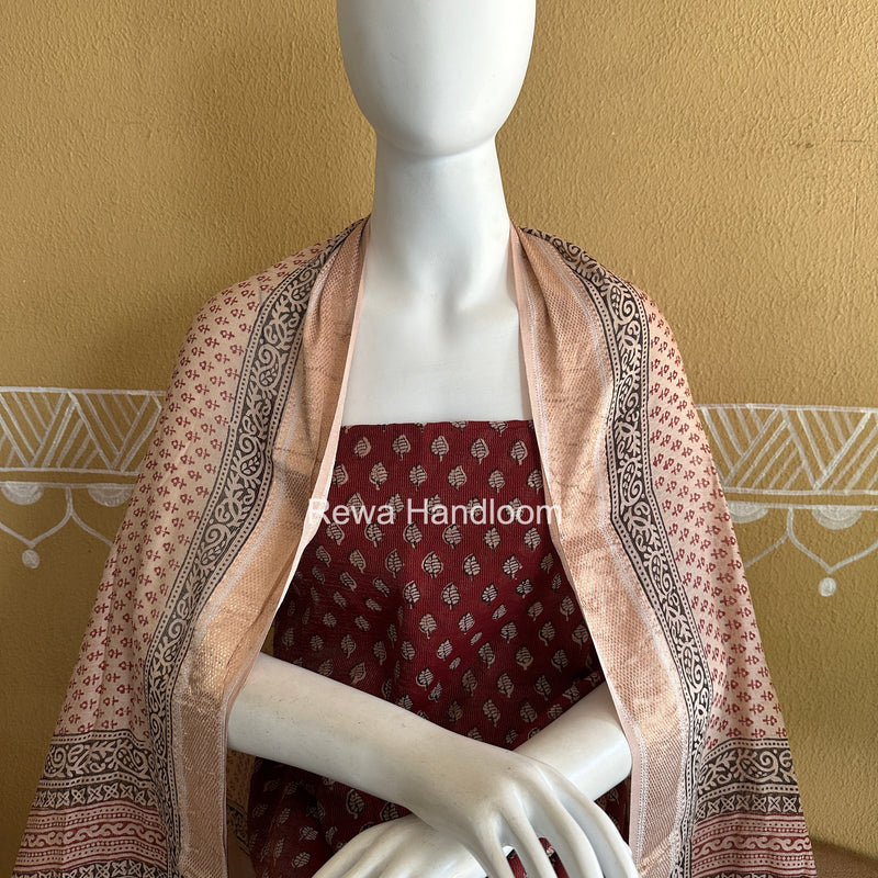 Maheshwari Maroon-white Bagh Print Tissue Top-Dupatta Set BPTS020