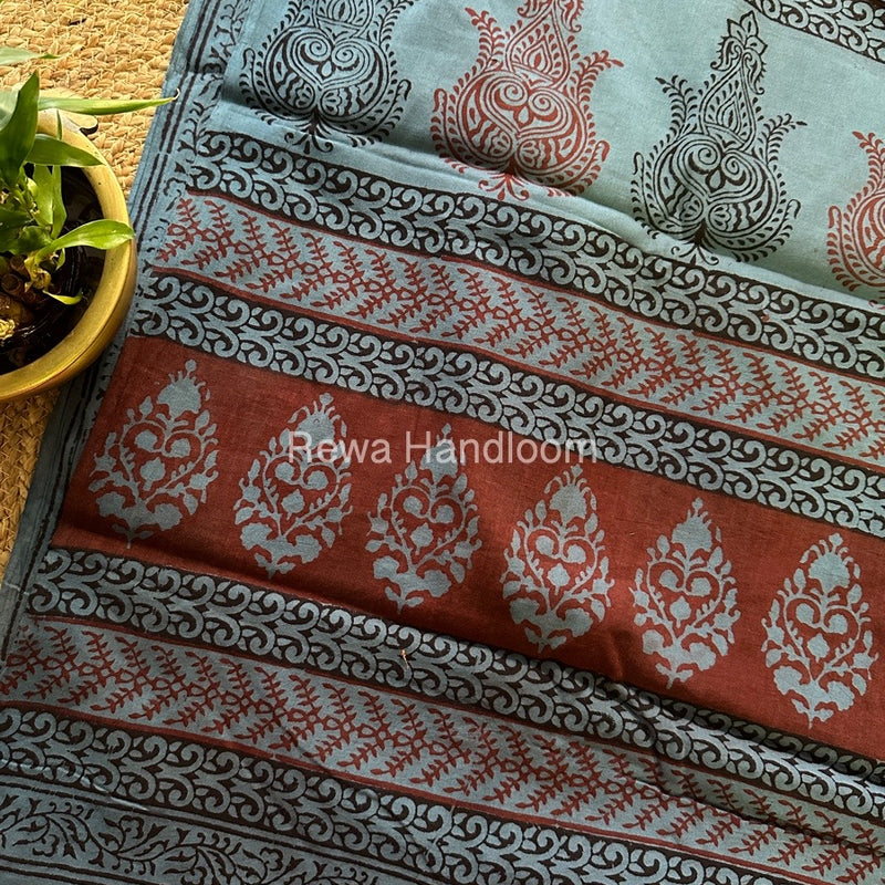 Sea Blue Bagh Print Cotton Saree NCBP44