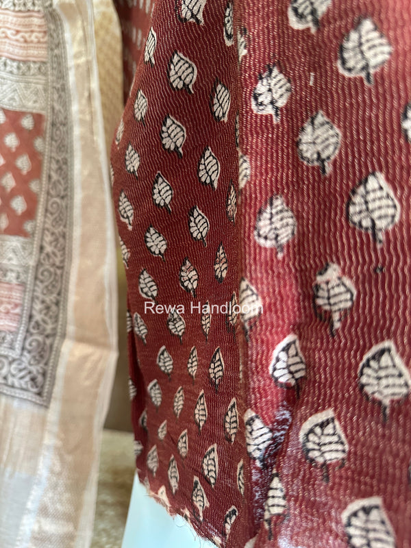 Maheshwari Maroon-white Bagh Print Tissue Top-Dupatta Set BPTS020