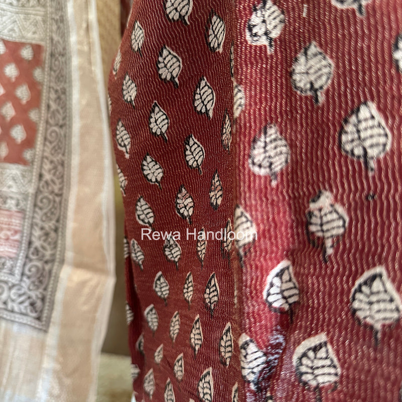 Maheshwari Maroon-white Bagh Print Tissue Top-Dupatta Set BPTS020