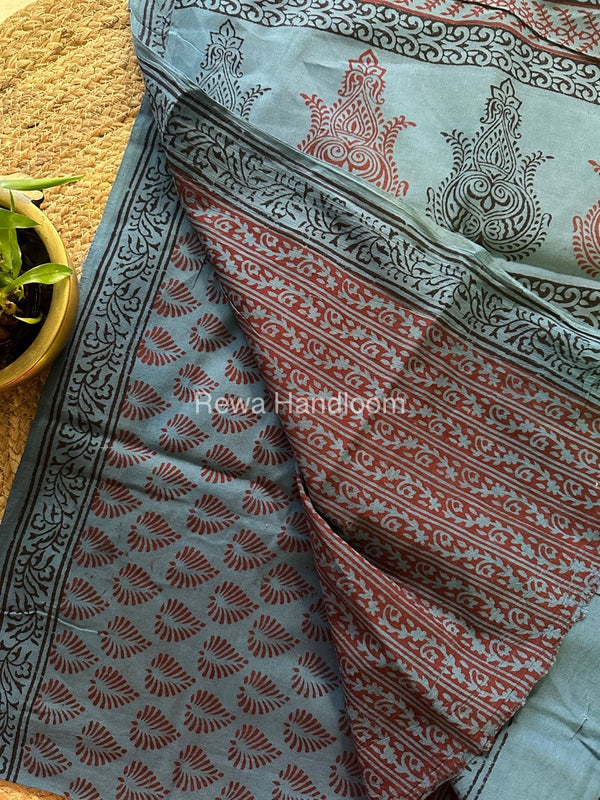 Sea Blue Bagh Print Cotton Saree NCBP44