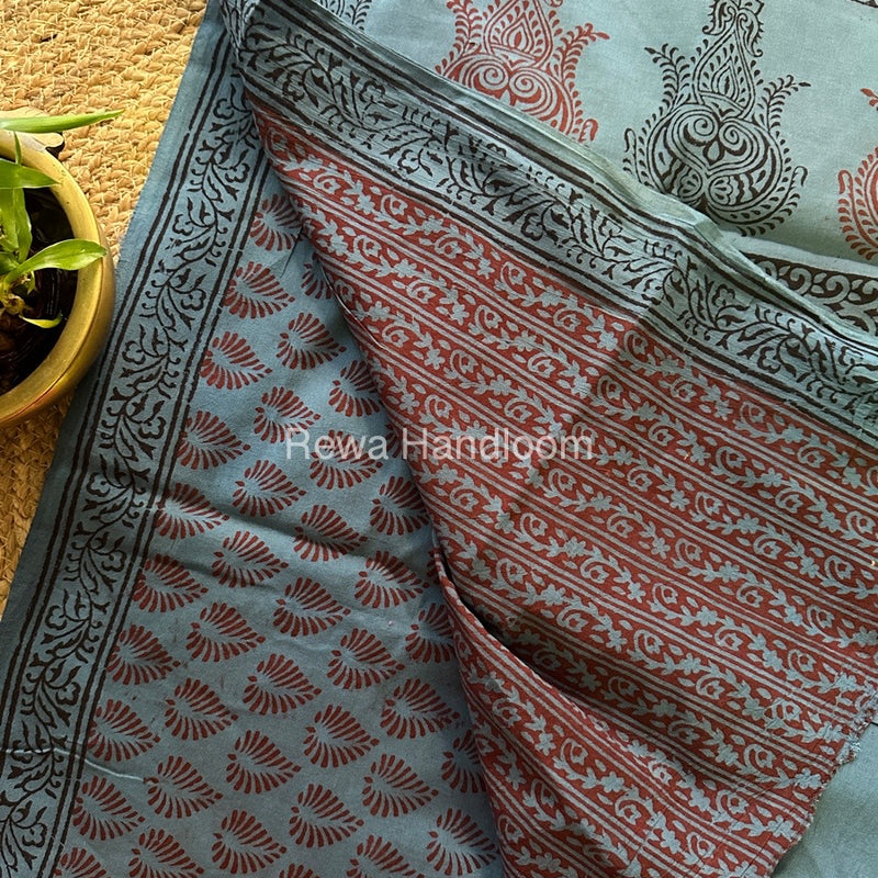 Sea Blue Bagh Print Cotton Saree NCBP44